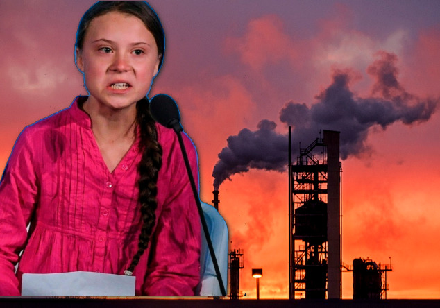 Greta Thunberg with Exxon plant in the background