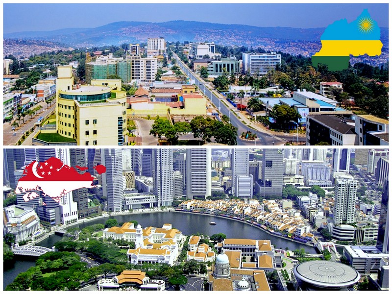Comparison of aerial views of Singapore and Rwanda