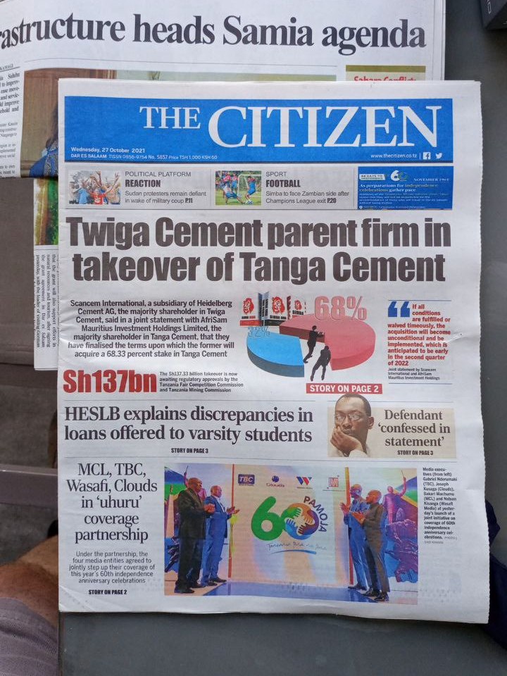 Tanga Cement takeover news on the front page of The Citizen